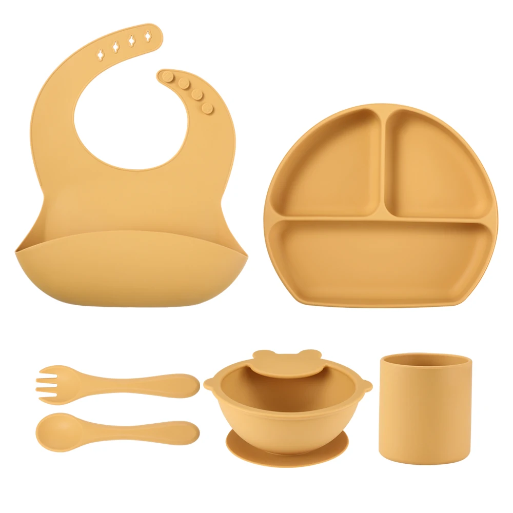 Food Grade Baby Led Weaning Supplies Non Slip Baby Bowl Plate and Spoons BPA free Silicone Baby Feeding Set