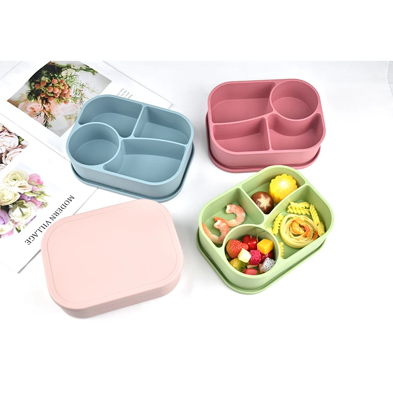 Durable LeakProof Silicone Bento Lunch Boxset 4 Compartment Food Grade Bento Box for Children Microwavable & Heatable