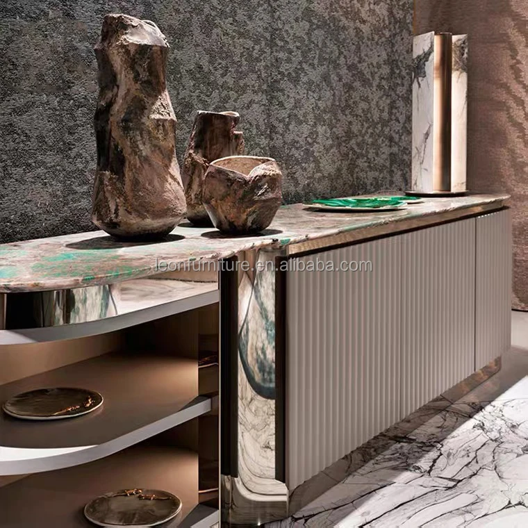 Luxury Marble + Stainless Steel Storage Buffet Cabinet Multi-functional Dining Room Sideboard for Dining, Hotel