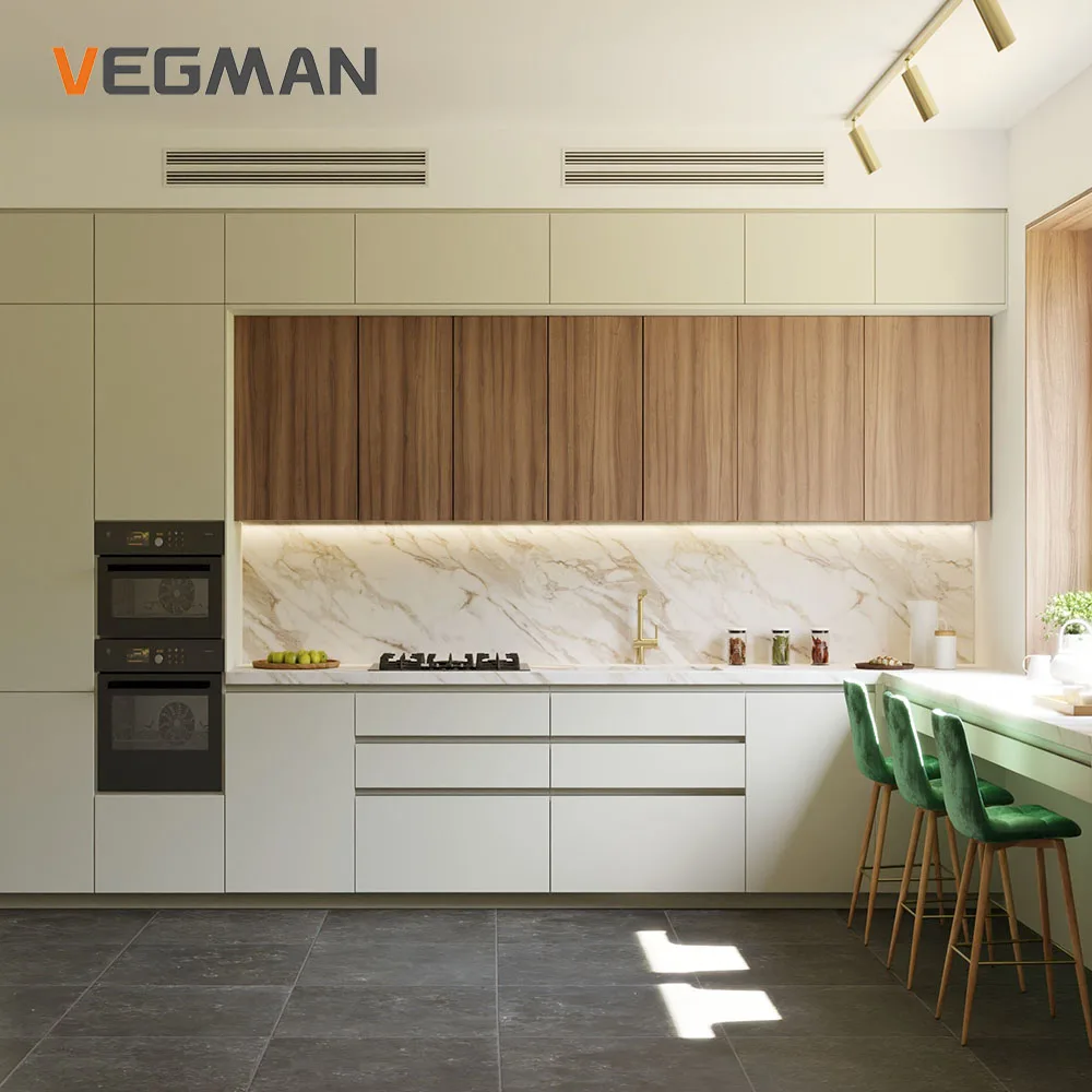 Contemporary Wood Veneer Lacquer Cabinet Model White and Wood Kitchen Furniture Cupboard