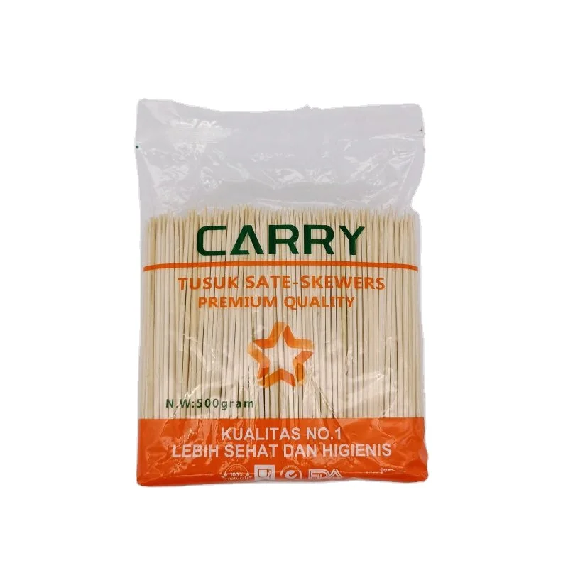 2.2 2.5mm 18 20cm 500gram 60bags Carry Bamboo Skewers Tusuk Sate Bamboo Cop Sis BBQ Skewer Satay Stick Lidi Satay Custom Logo