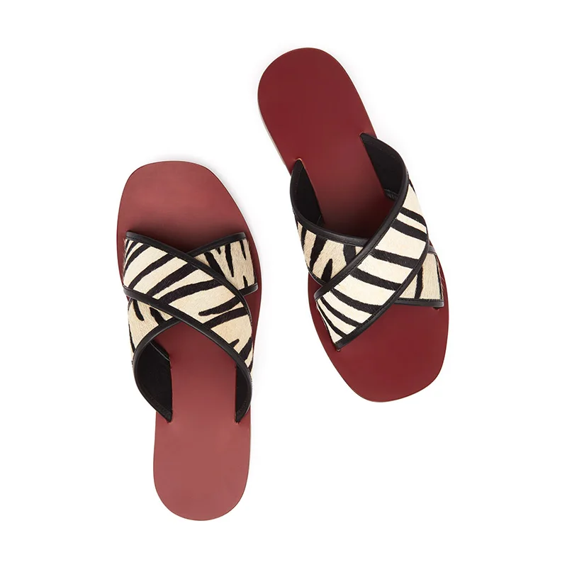 Open Toe Leather Insole and Rubber Sole With Crisscross X-Strap Leather Upper Flat Slide Female Slippers