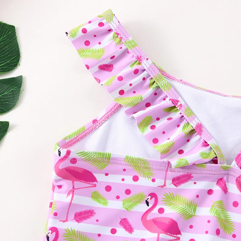 Pink Flamingo Girl One-Piece Swimsuit for Girls and Children Small Ruffled Beachwear Supply