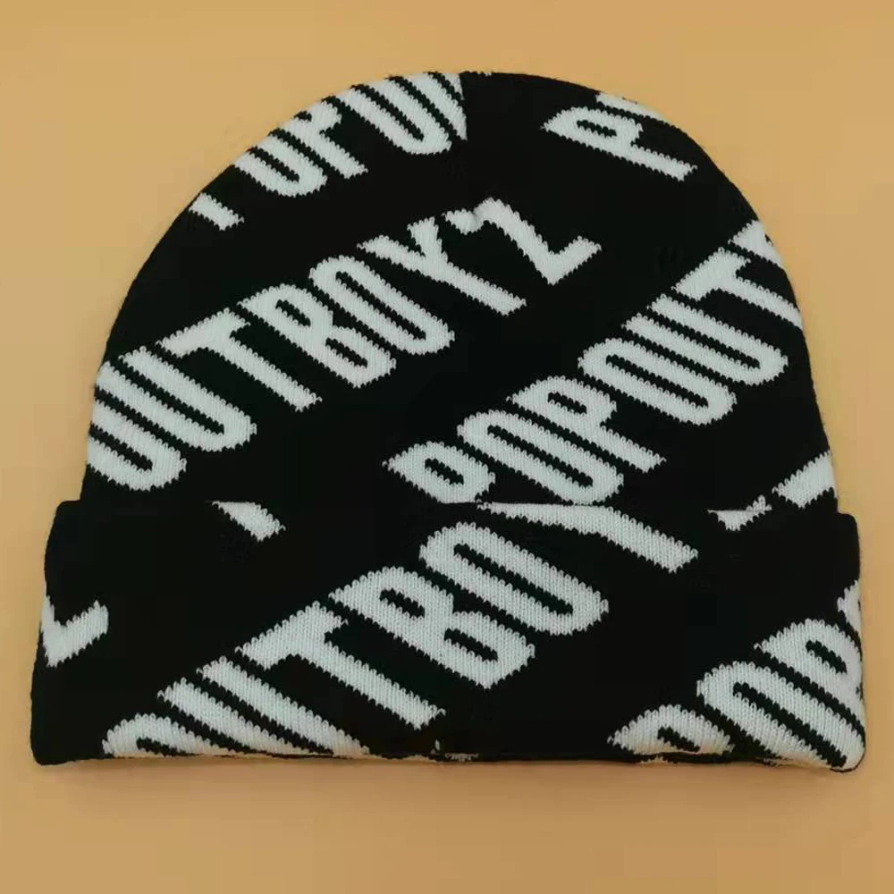 wholesale cheap beanies with custom print jacquard logo all over the hat