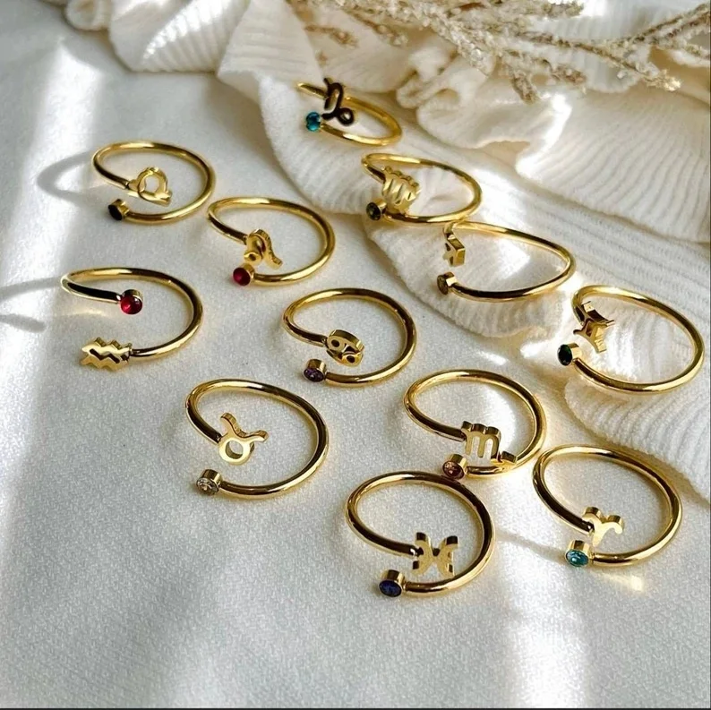 2022 18K Gold Zodiac Sign Birthstone Adjustable 12 Zodiac Sign Ring Astrology Waterproof Personalized Rings Birthday Jewelry