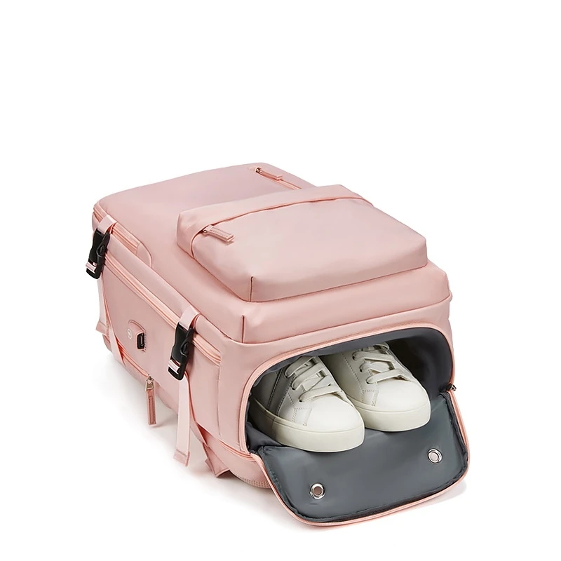 Custom Large  Expandable 16 Inches Business Laptop Backpack Travel Short Trip Woman Pink  Luggage Bag with Shoe Bag for Girls