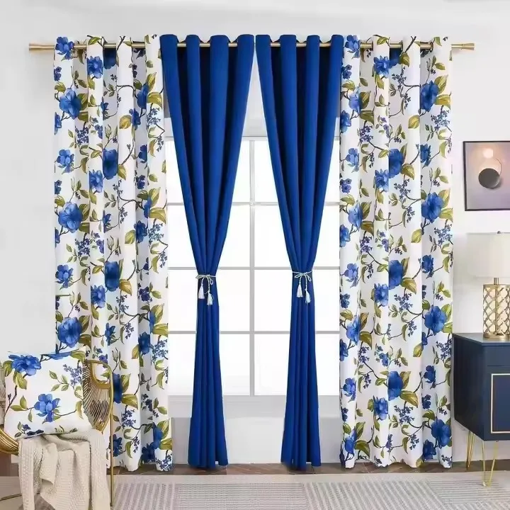 Yellow Navy Blue Solid Color Mix Flower Waterproof Rod Pocket Grommet Living Room Curtains