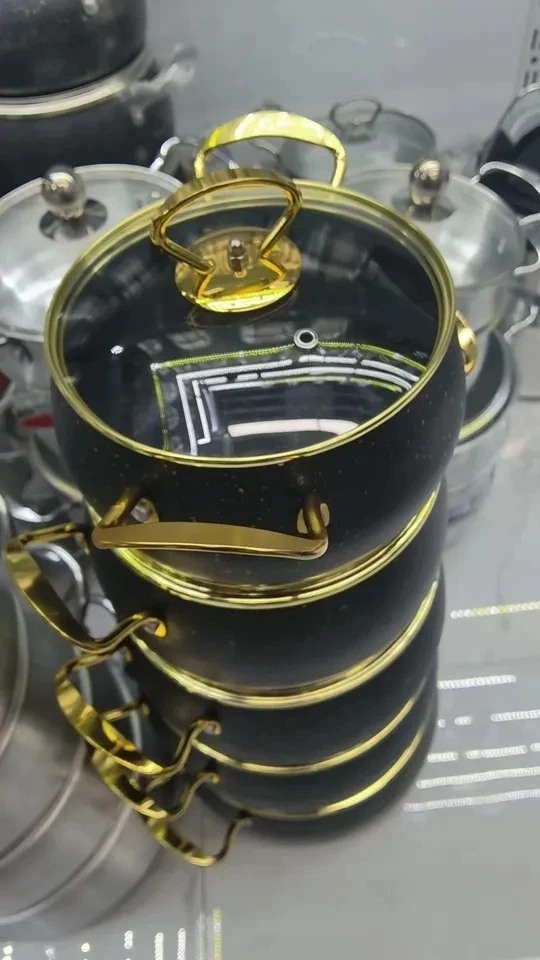 Gold Black Color Factory Customized Non-stick Belly Shape Aluminum Pot Set