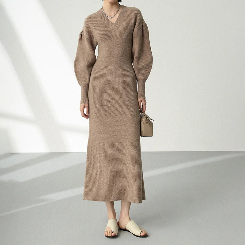 Custom 100% Cashmere Dress Women Lady Winter Knit Woman Vintage Lantern Sleeves Long Cotton Wool Cashmere Sweater Dresses