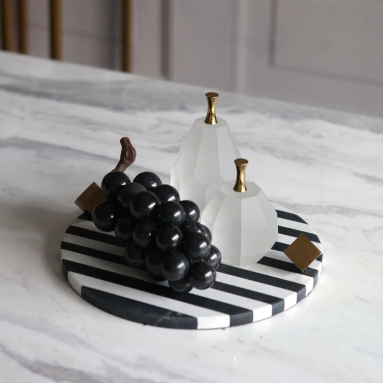 Classic black and white stripes decorative round marble serving tray for perfume