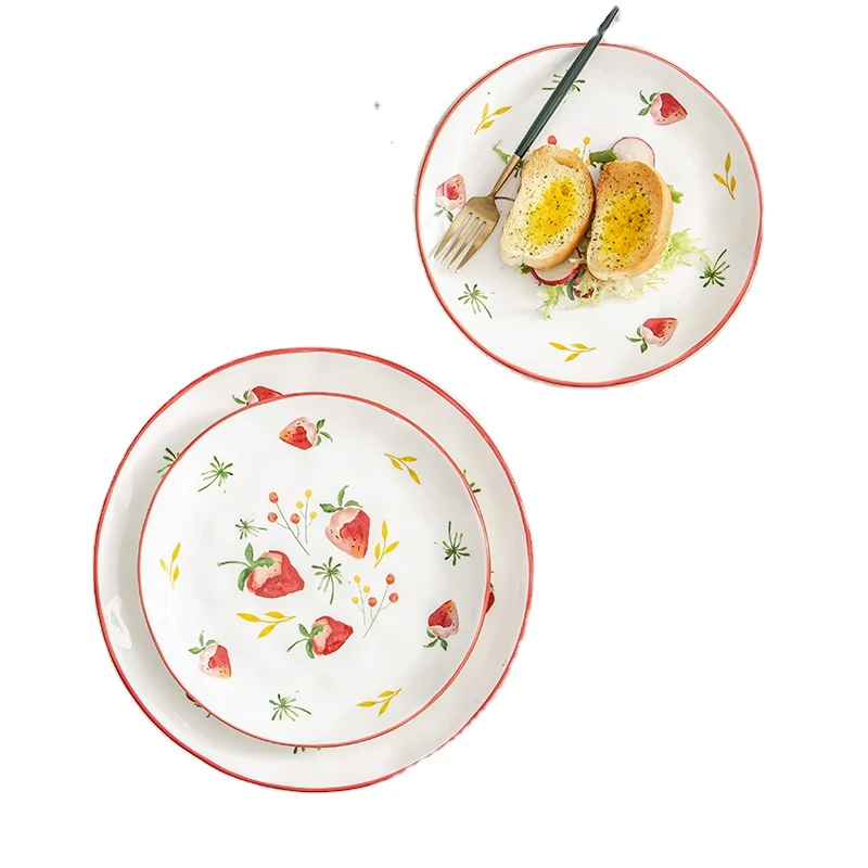 
New design strawberry series ceramic charger plate red stoneware flat dinner plates for baking 