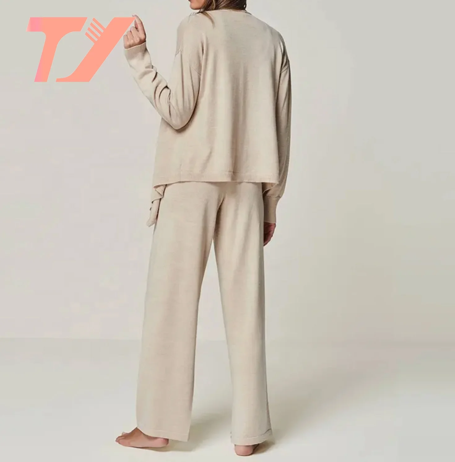 TUOYI Custom 100% Wool 3 Piece Woman Pajamas Knitted Cardigan Sweater Tops And Pants Loungewear Set For Women
