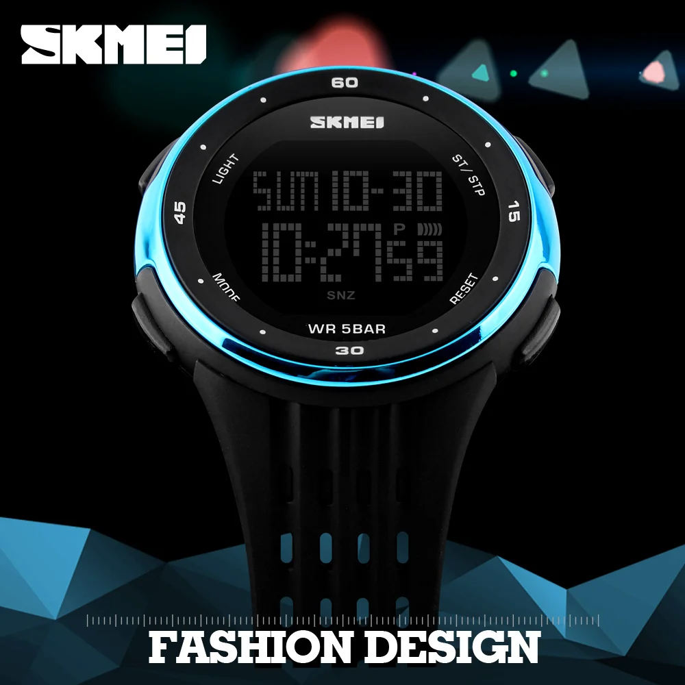 SKMEI 1219 fashion sports 50m waterproof led chronograph black digital wrist watch mens