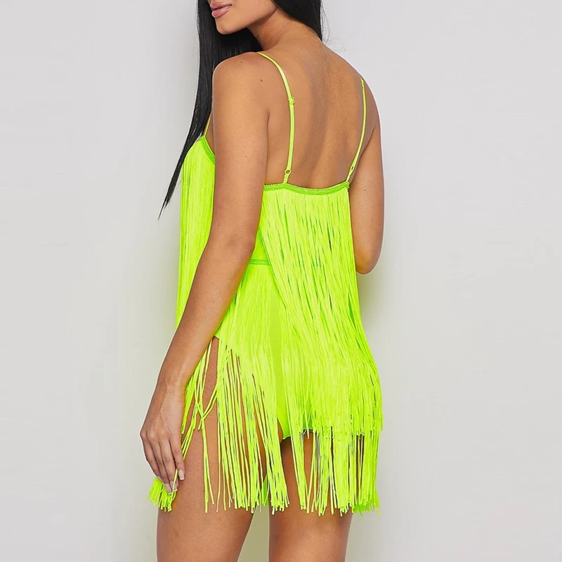 Adjustable Straps Wired V-neck Neon Fringe V-Neck Mini Dress Women Trendy Bodysuits
