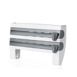 3 In 1 Plastic Wall-Mounted Kitchen Paper Towel Holder Spice Rack Cling Film Wrap Foil Dispenser With Cutter