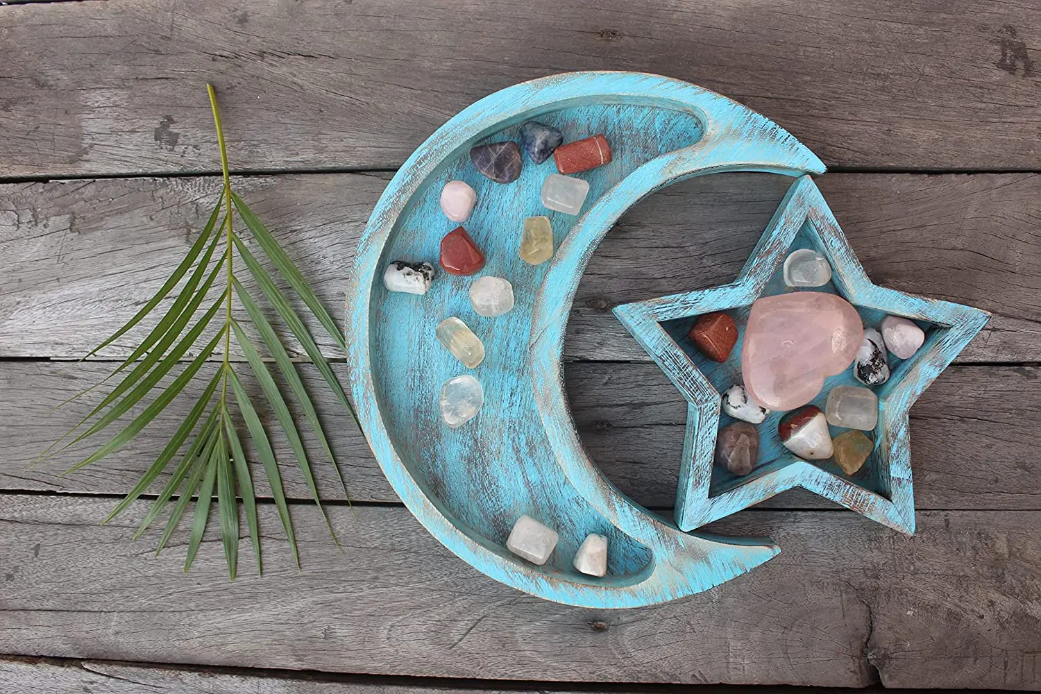 Sky Blue Wooden Moon and Star Tray for Crystal Stones