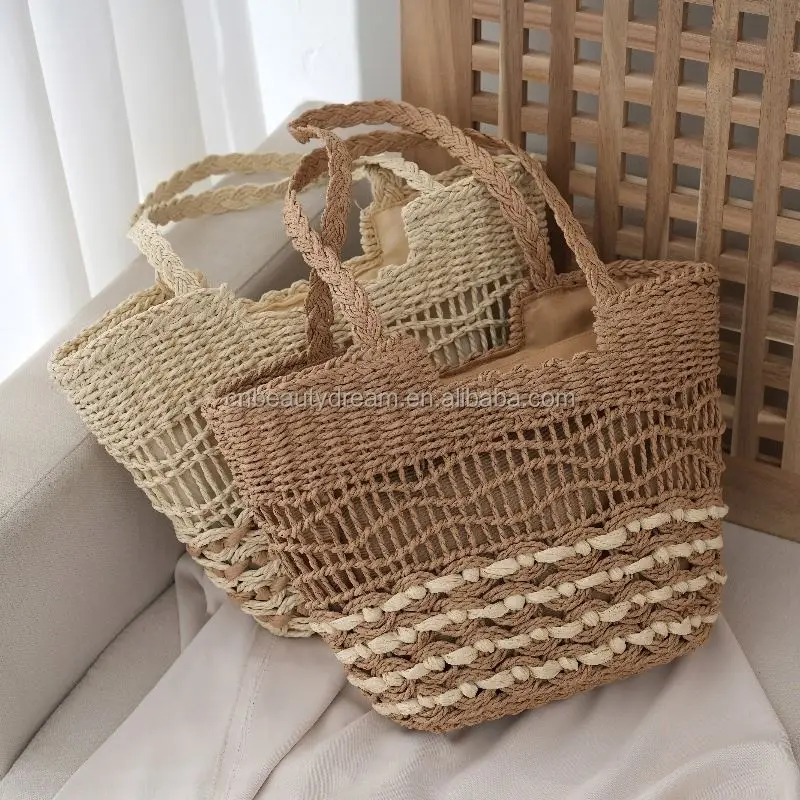 women Luxury Beach Summer Rattan Woven large Straw Tote  Handmade knitting Marocco Shoulder summer beach Bags for vacation