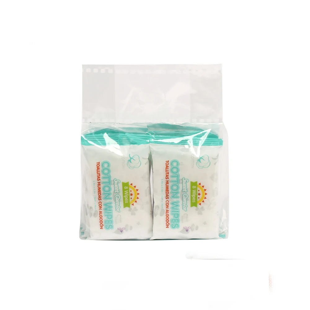 100% Biodegradable Cotton baby wipes travel size 8pcs Mini OEM cleansing wipes