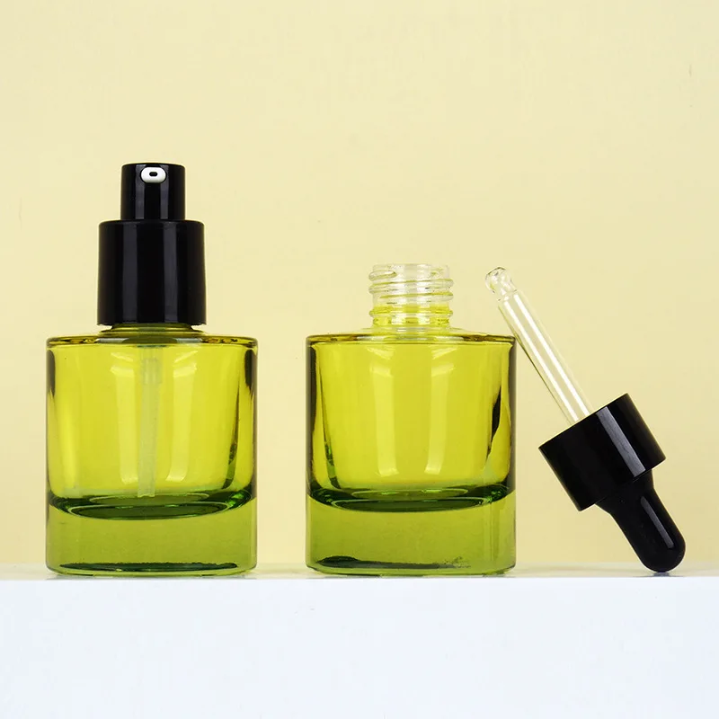 Green 30ml Flat Shoulder Thick Bottom Glass Essence Dropper Bottle Essential Oil Lotion Press Bottles Dual-use burette and pump