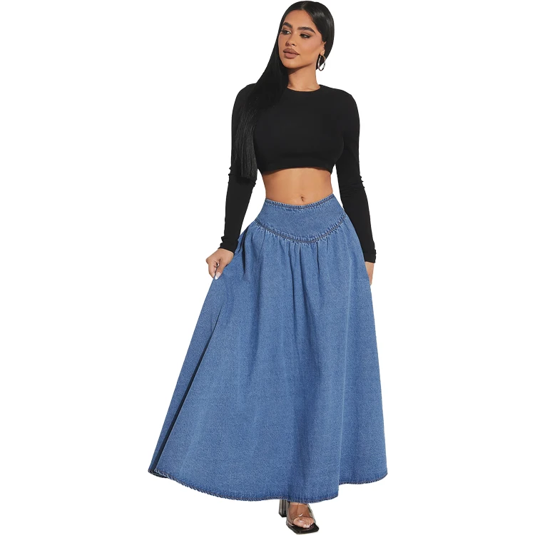 Women denim maxi skirt bleu marine plus size new long denim jeans skirt sexy high waisted vintage pleated denim skirt