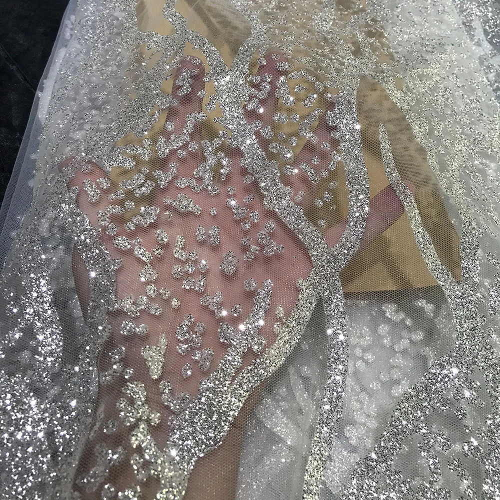 High Quality Glitter Lace Polyester Transparent Mesh Shining African Party Dress Luxury Sequin Tulle Fabric 5 Yards