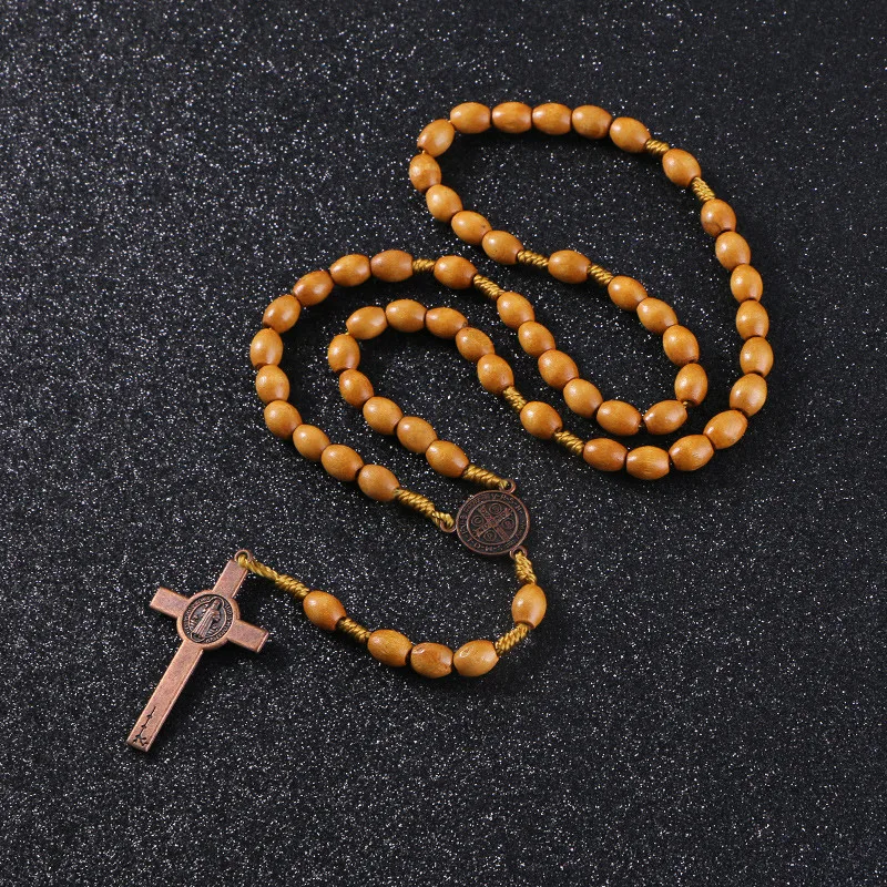 KOMi Handmade Weave Round Saint Benedict Medal Antique Wooden Rosary Cross Necklace Vintage Catholic Religious Jesus Jewelry Mot