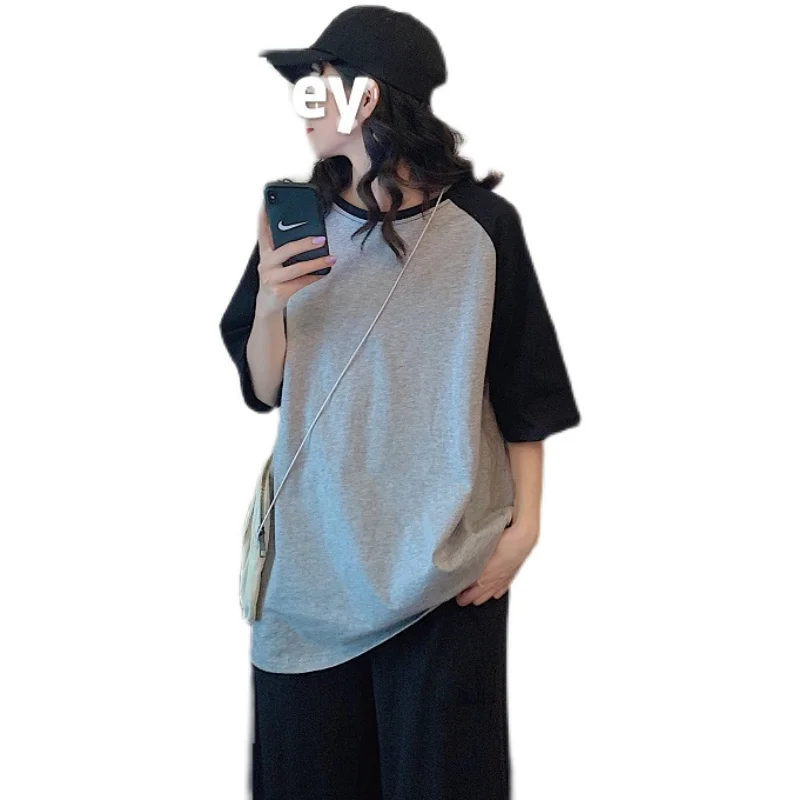 
Pure cotton solid color female candy color 2021 summer short sleeve new medium and long Korean loose top fashion 