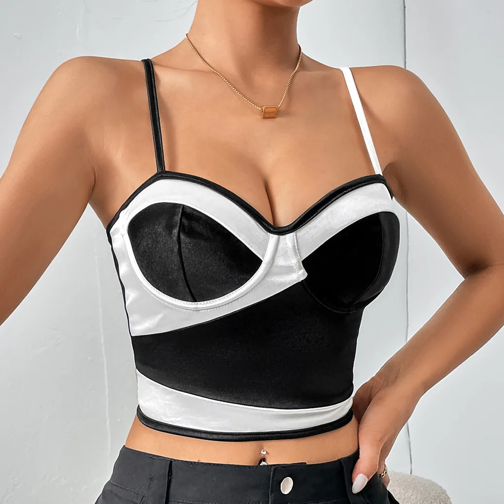 Chuangerm Black and White Splicing Deep V halter corset Underwire short corset de mujer Fashion corsets for women