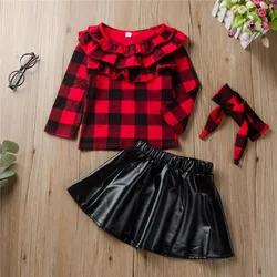 Wholesale children boutique clothing baby clothes Red black Grid top+ Leather skirt +hairband 3pcs girl clothes set