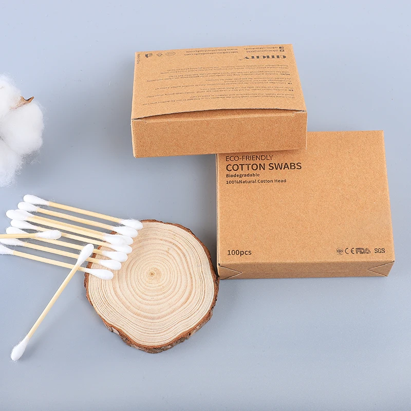 Custom Made 100PCS 100% eco friendly  bamboo Stick Cotton Swabs Double Round Head