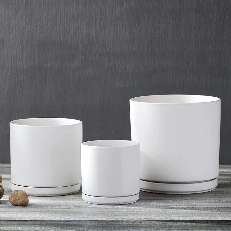 Wholesale indoor decorative matte white cylinder porcelain stackable planter ceramic planter pot with tray
