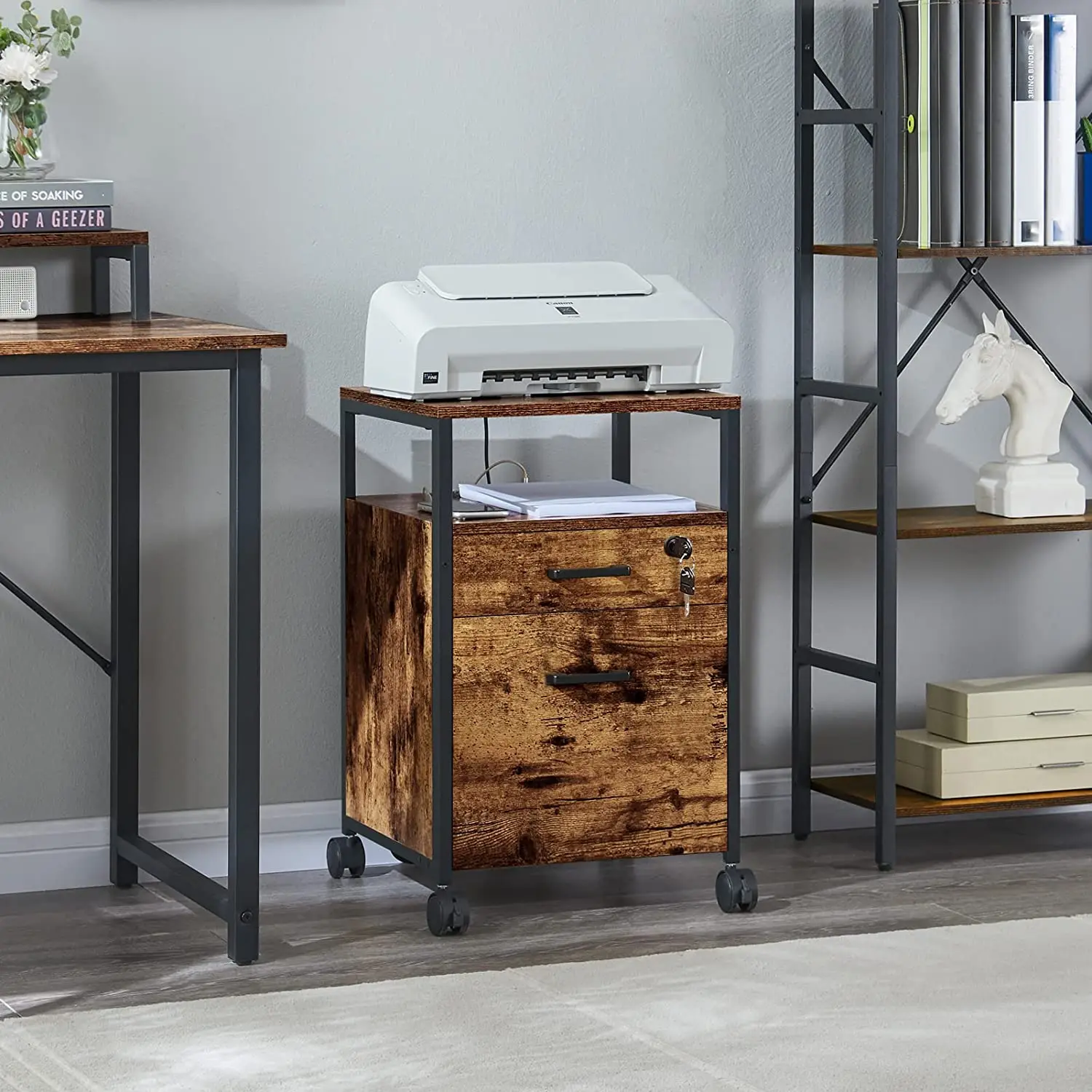 A4/Letter Size Files 2 Drawers Rolling Filing Metal and Wood Office Cabinets with Wheels Open Shelf Lock Charging Station