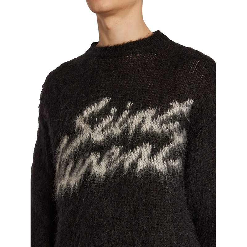 Custom LOGO OEM & ODM men sweater pullover Jacquard pattern crew neck knitwear winter Fuzzy jumps knitted mohair sweater for men