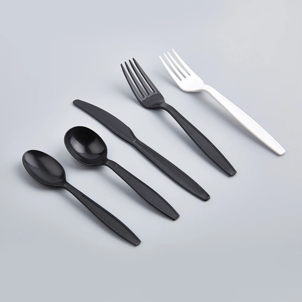 Fuling 6 In1 Heavy Weight PS Disposable dinnerware sets custom black fork and spoon knife plastic cutlery kit with napkin