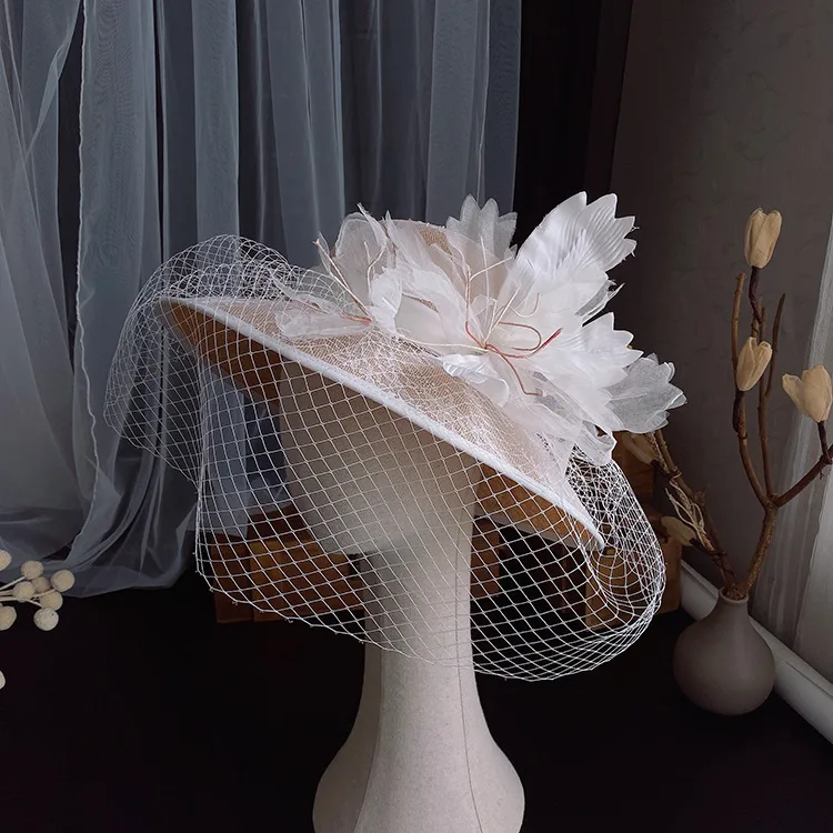 Hera hot sale elegant wide brim bride hat handmade flower fascinator bridal hats with veil