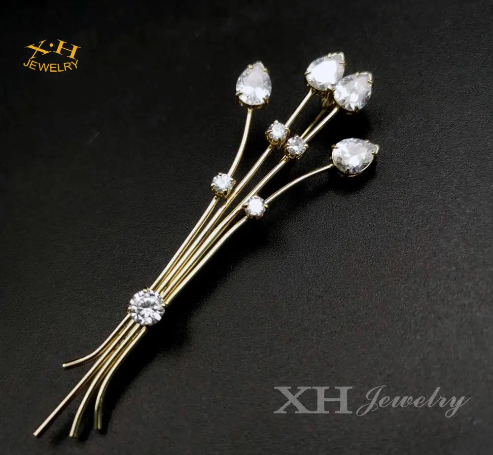 High quality Fashion Custom CZ Diamond Water Drop Wheat Brass Copper Pin Brooch For Women Girls Bridal