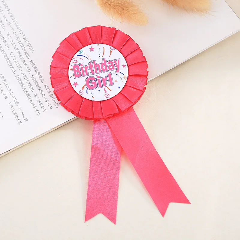 Custom High Quality Birthday Ribbon Rosette Boy Girl Pin Badge Kid Birthday Party Favor Metal Tin Fabric Flower Brooch Pink