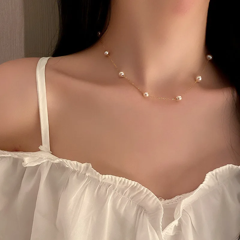 Pure gold electroplating korea simple fresh water pearl clavicle chain necklace