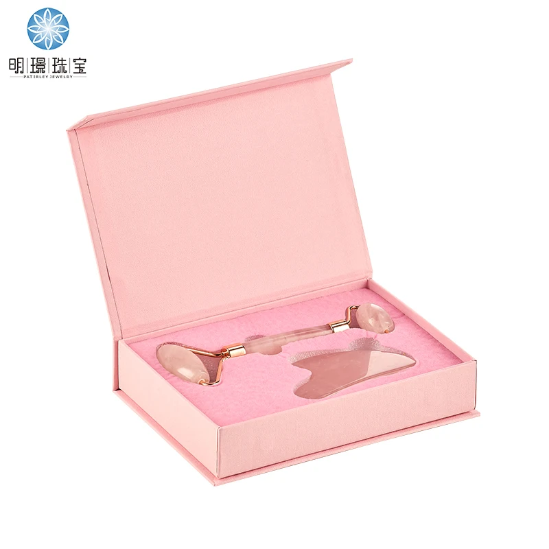 Best quality facial pink gua sha stone and jade face roller for eyes body rose quartz roller gua sha set