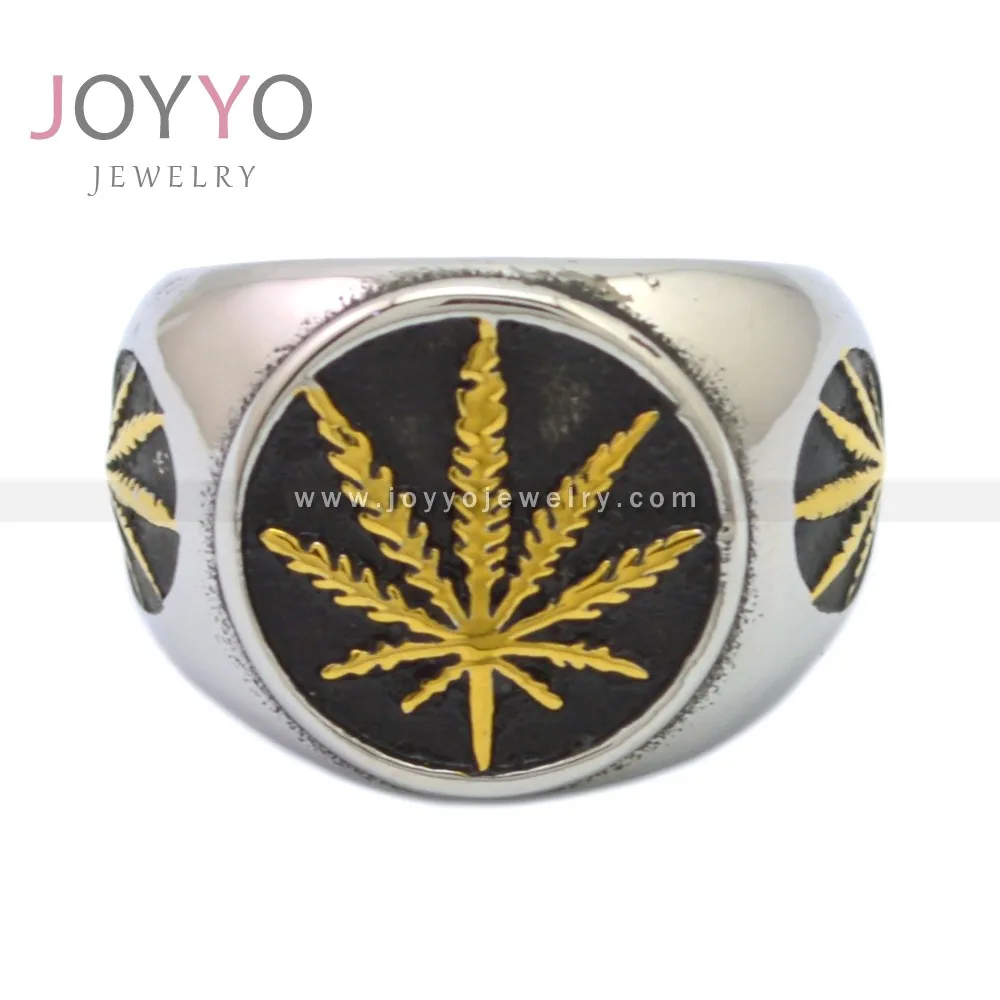 Stainless Steel Gold Hip Hop Hemp Leaf Ring Vintage Personality Punk Rock Band Jewelry for Men