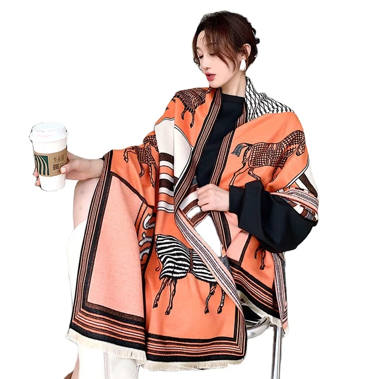 2023Warm Thick Famous Brands Winter Designer Horse Scarf for Party Women Jacquard Acrylic Cashmere Shawl Scarves