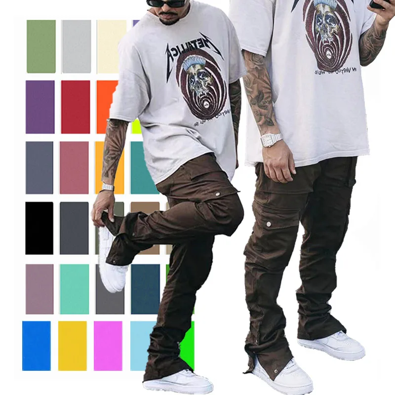 Custom 100% Cotton Mens Trousers With 6 Side Pockets Loose Streetwear Cargo Pant Split Hem Flared Stacked Sweat Pants For Men