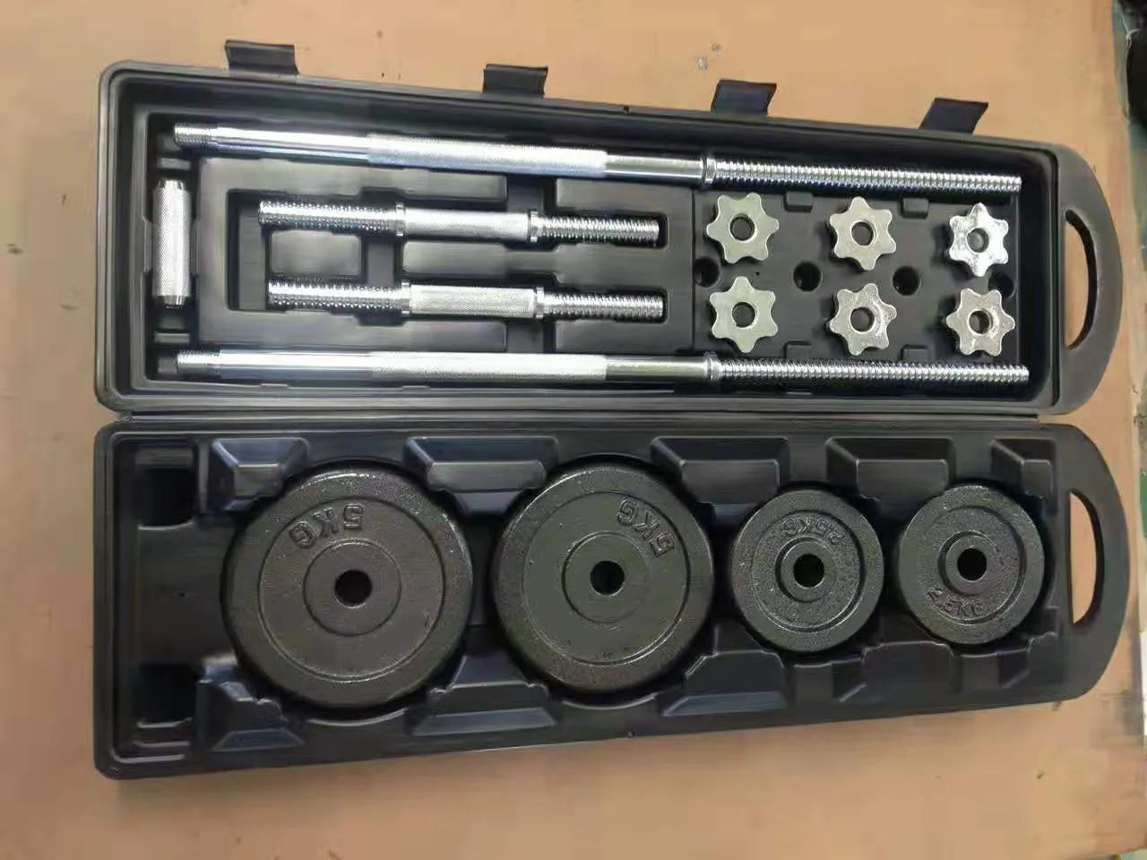 Cheap Good Quality 50 Kg cast iron Barbell Dumbbells Set with Plastic Case