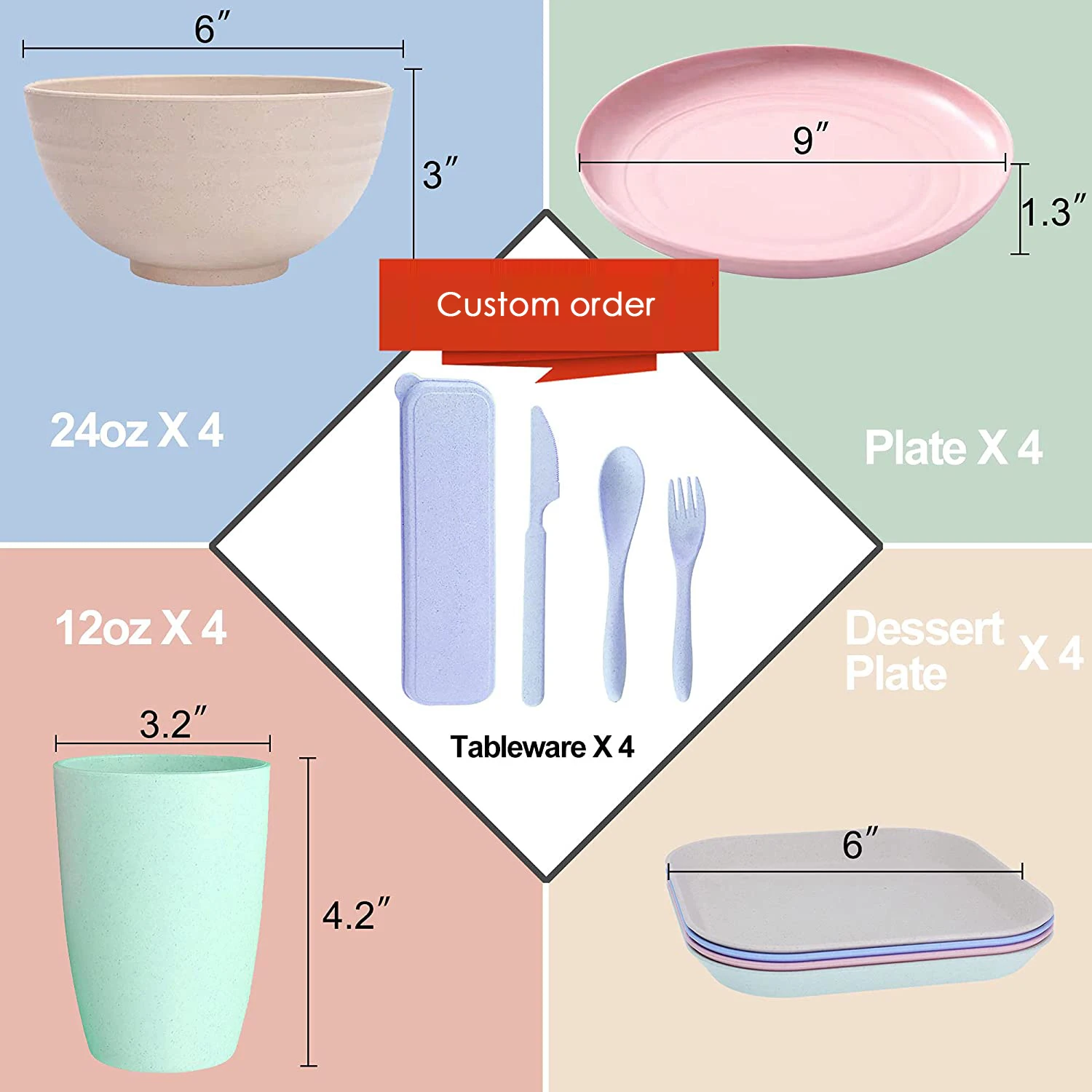 Custom Dishwasher Microwave Safe Soup Rice Bowls Plates Mugs Wheat Straw Plastic Tableware Dinnerware Sets