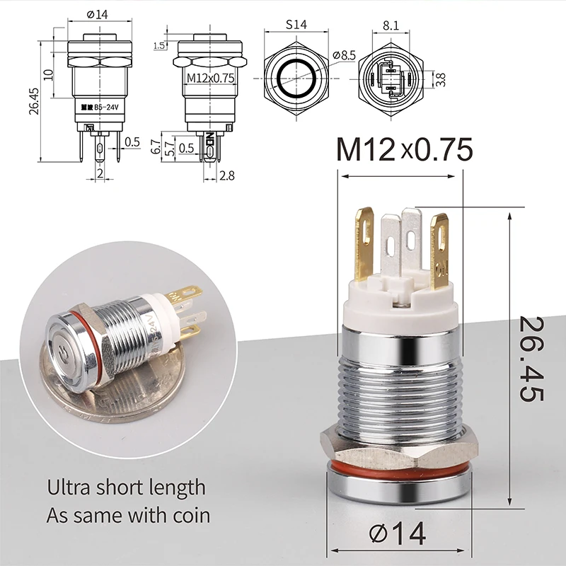 WINDOO 12E 12mm 7A high current 4 pin switch waterproof latching or momentary micro metal push button switch with LED 24V220V
