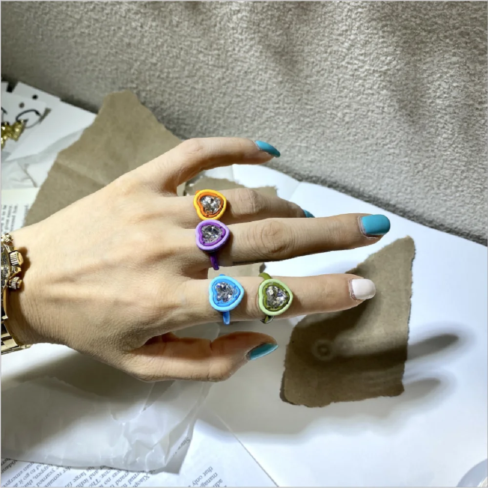 2021 New Acrylic Resin Plastic Heart Shaped Ring Summer Candy Color Rings Jewelry