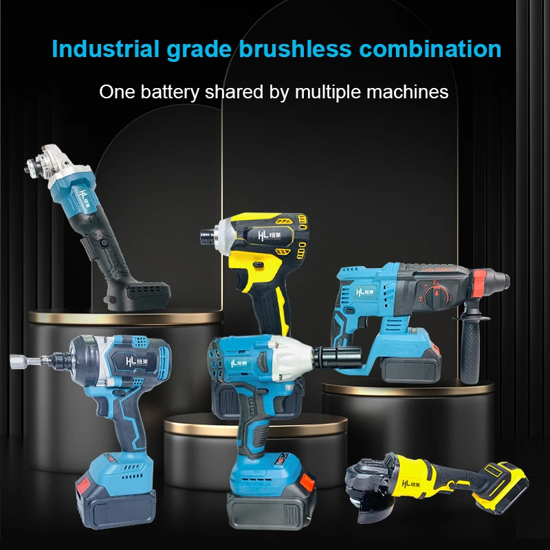 HENGLAI 100mm/125 Power Tools cordless Brushless Angle impact Drill and Rotary haer drill tool set