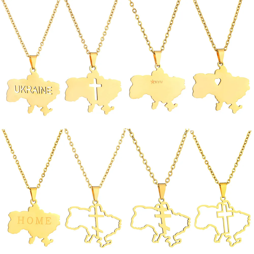 8 styles Stainless steel Ukrainian map pendant necklace unisex geometric titanium steel pendant necklace