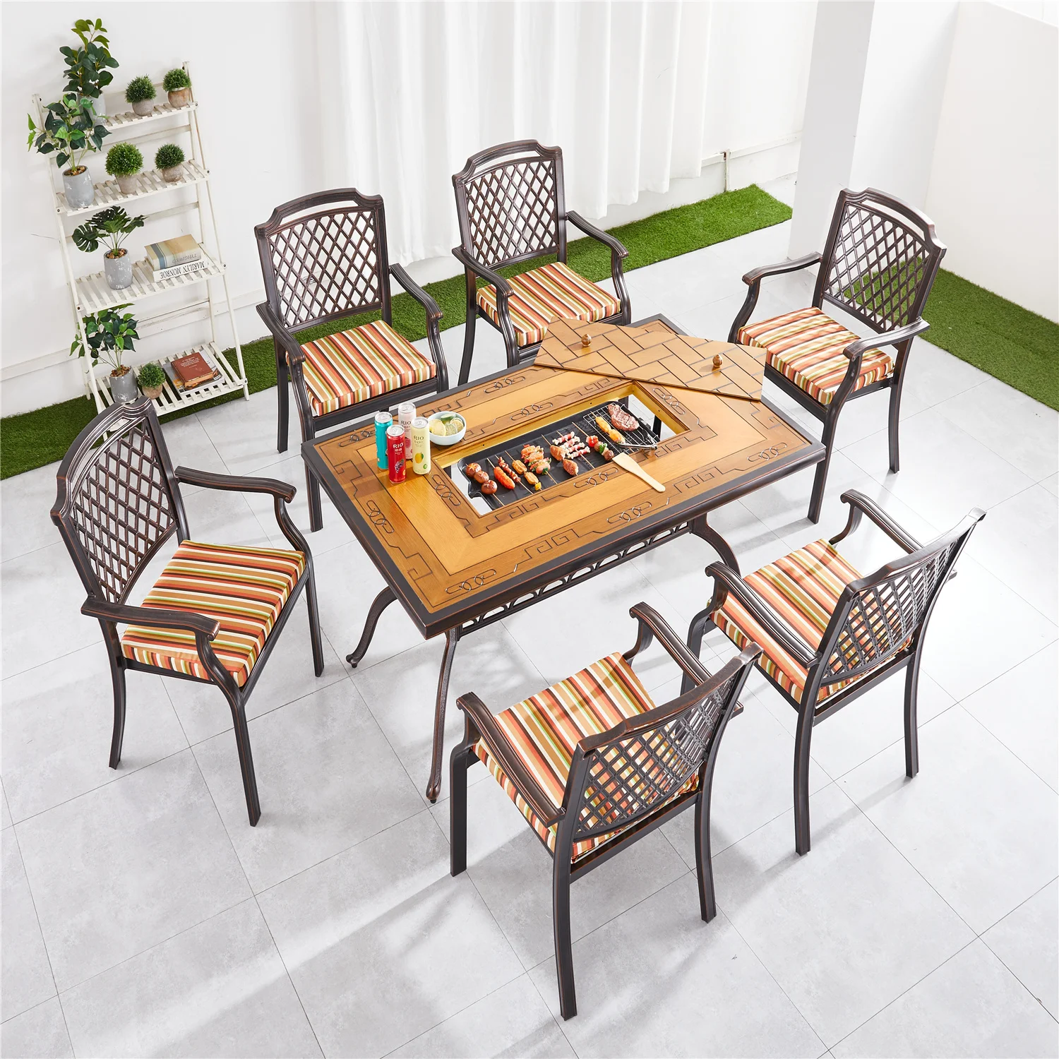 150x90cm Wholesale Outdoor Restaurant Garden furniture aluminum rectangular dining carbon grill tables Korean BBQ Grill Tables