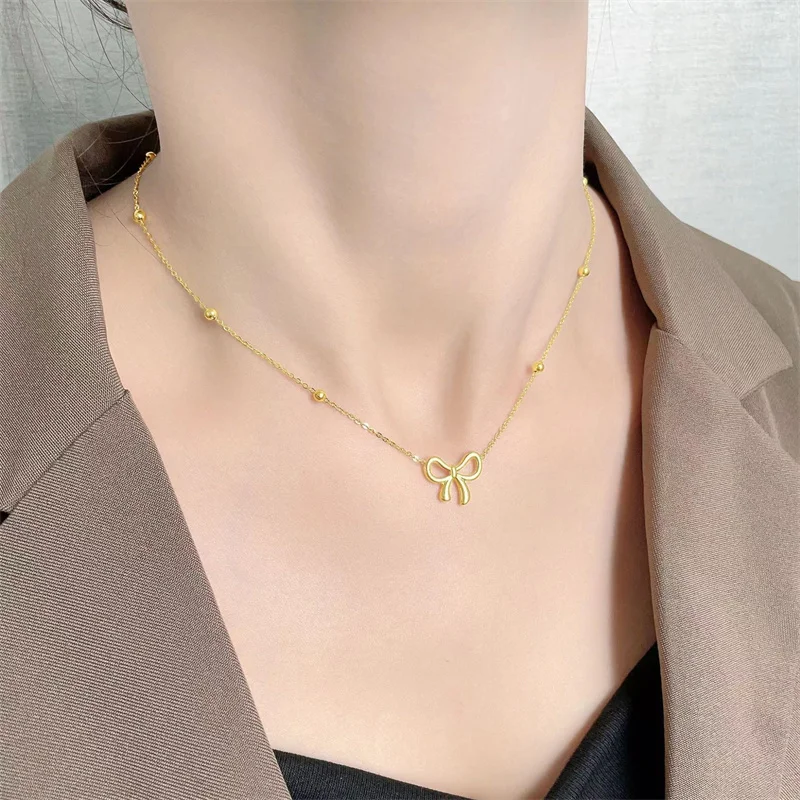 High-end design jewelry new hot sales stainless steel 18k gold plated exquisite bow pendant necklace